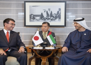 TOKYO, JAPAN - October 22, 2019: HH Sheikh Hazza bin Zayed Al Nahyan, Vice Chairman of the Abu Dhabi Executive Council (R), meets with HE Kono Taro, Minister of Defence of Japan (L).

( Saeed Al Neyadi / Ministry of Presidential Affairs )
---