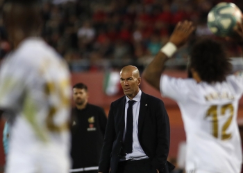 Real Madrid's French coach Zinedine Zidane (C) looks on during the Spanish league football match RCD Mallorca against Real Madrid CF at the Iberostar estadi stadium in Palma de Mallorca on October 19, 2019. (Photo by JAIME REINA / AFP) (Photo by JAIME REINA/AFP via Getty Images)