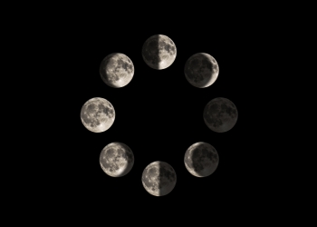 Images of the moon in each major lunar phase, in a circle diagram. Detail of craters and surface. Dark areas in shadow but still visible