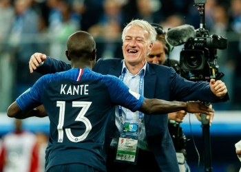 SAINT PETERSBURG, RUSSIA - JULY 10: Head coach Didier Deschamps of France and Ngolo Kante of France celebrate after winning the 2018 FIFA World Cup Russia Semi Final match between France and Belgium at Saint Petersburg Stadium on July 10, 2018 in Saint Petersburg, Russia. (Photo by TF-Images/Getty Images)