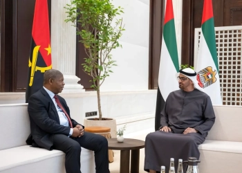 ABU DHABI, UNITED ARAB EMIRATES - March 18, 2024: HH Sheikh Mohamed bin Zayed Al Nahyan, President of the United Arab Emirates (R) meets with Joao Manuel Lourenco, President of Angola (L), at Al Bateen Palace.

( Hamad Al Kaabi / UAE Presidential Court )
---